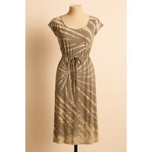 Young Fabulous & Broke Short Sleeve Tie Waist Midi Dress Brown Cream XS
